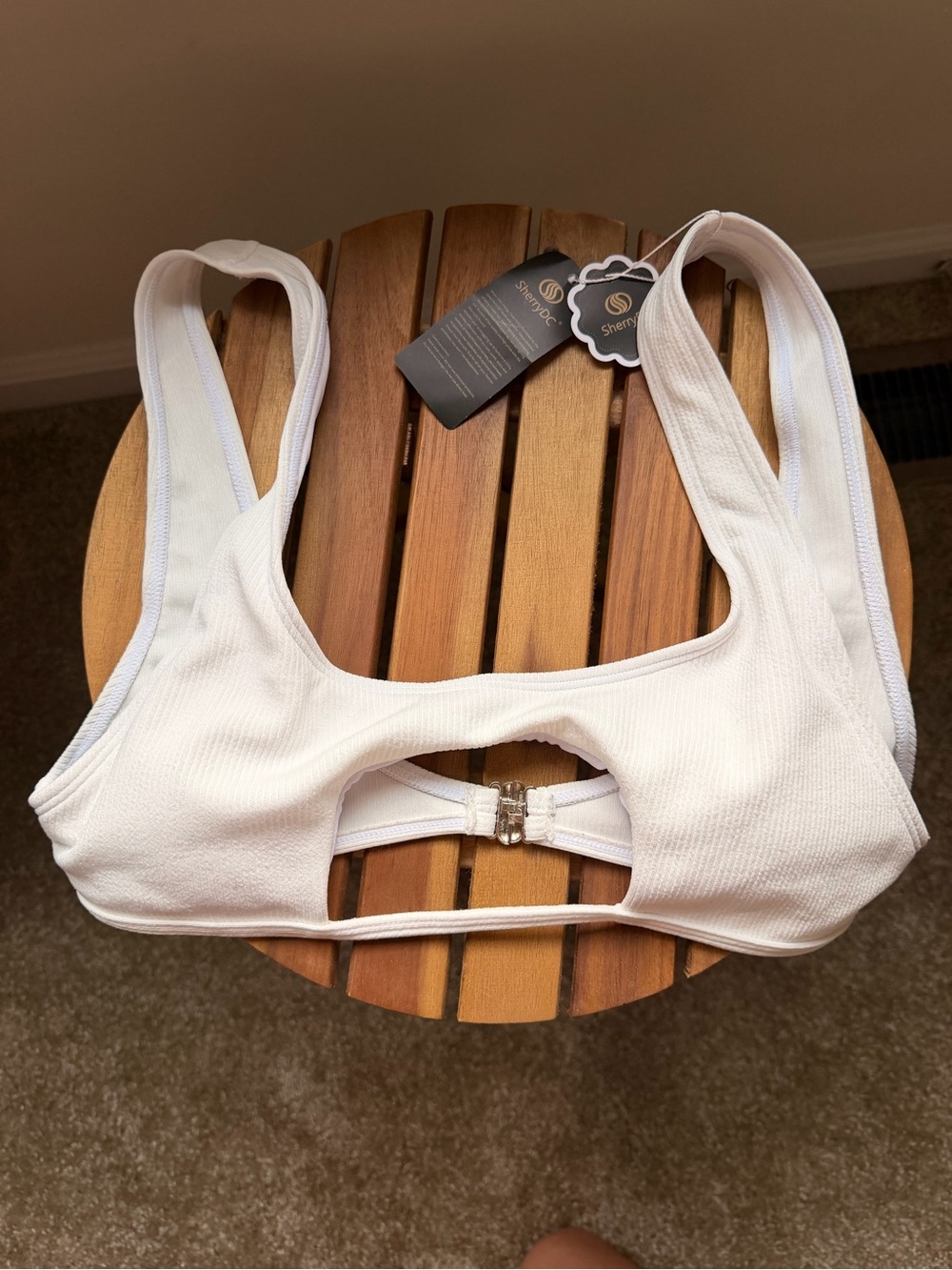 Smrtydc White Ribbed Bikini Top with Secure Back Clasp